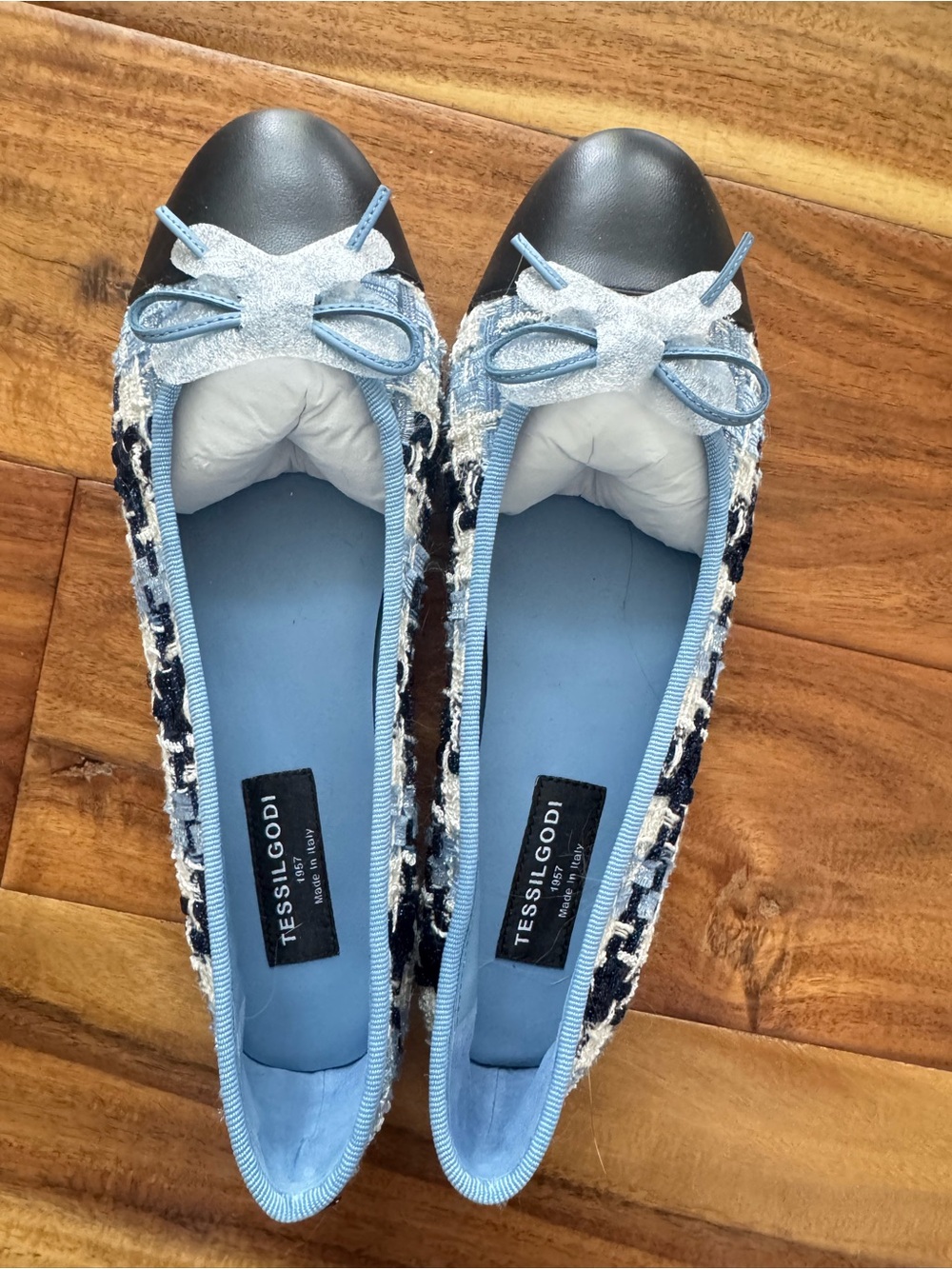 Blue Tweed and Black Cap-Toe Ballet Flats
